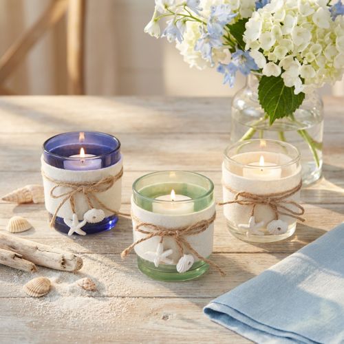 Artikel Teelichthalter Glas Maritim Blau Grün Weiß 7,5cm Set 3 Stück