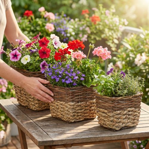 Artikel Pflanzkorb, Naturgefäß zum Bepflanzen, Blumenschale eckig Natur L29,5/26/23cm H21/19/16cm 3er-Set