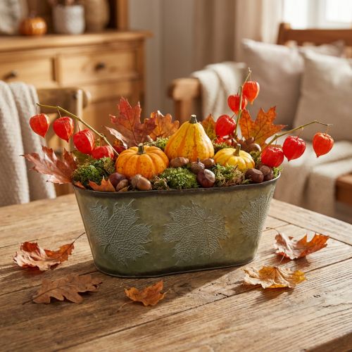 Pflanzschale für den Herbst, Metalldeko mit Blattdekor Grün L38cm H15cm | Floristik21.de