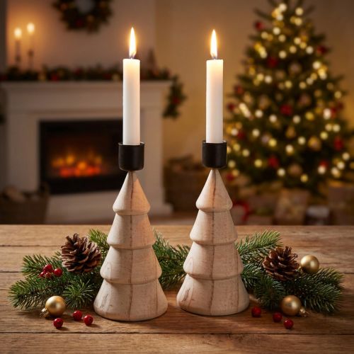 Artikel Stabkerzenhalter Holz Tannenbaum Natur H16cm Weihnachten 2er Set