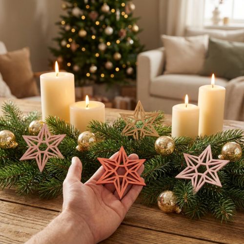 8cm Holzsterne in Orange und Rosa - Vielseitige Weihnachtsdeko für Tisch & Geschenke, Set mit 16 Stück | Floristik21.de