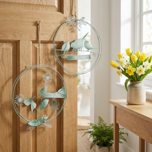 Vogeldeko zum Hängen, Willkommensschild, Metalldeko für den Frühling, Türschmuck Grün, Weiß Ø27cm 2er-Set | Floristik21.de