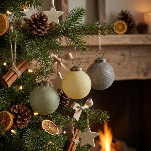 Weihnachtskugeln Glas Beflockt Gelb/Grün/Grau Ø6cm 3St | Floristik21.de