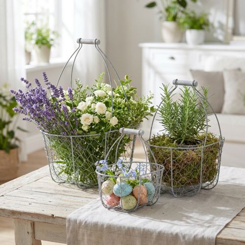 Drahtkorb mit Henkel, Körbe nostalgisch, Metallkorb Shabby Chic, Antik-Optik Silbern, Weiß L35/30/25cm H46,5/35/25cm 3er-Set | Floristik21.de
