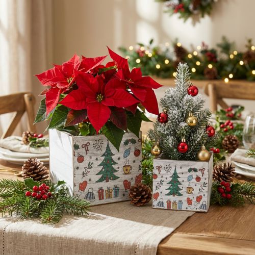 Pflanzgefäß Holz Weihnachtsdeko Weiß, Bunt 20×20/15×15cm 2er-Set | Floristik21.de