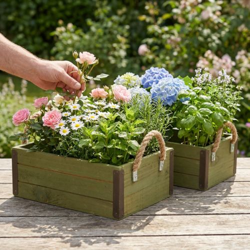 Vintage Blumenkasten Holz Pflanzkasten Grün L24/30cm 2er-Set | Floristik21.de