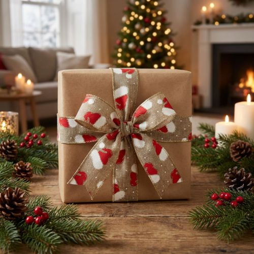 Artikel Weihnachtsband Santa-Mützen Braun 60mm 10m Dekoband Geschenkband Leinen-Optik mit Draht