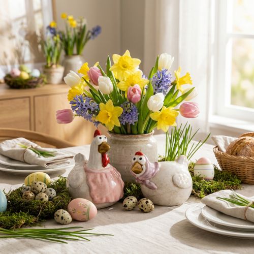 Artikel Keramik Osterfiguren Hühner im Set, 11 cm, liebevolle Frühlingsdeko für den Tisch