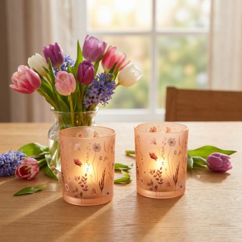 Artikel Deko Windlicht Glas mit Blumenmotiv 12,5 cm Rosa-Weiß im 2er-Set
