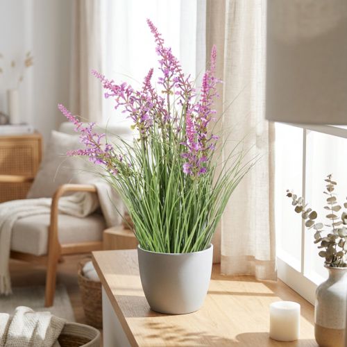 Dekopflanze künstlich mit grünen Blättern und lila Blüten 67 cm | Floristik21.de