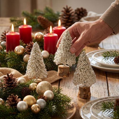 Mini Tannenbaum Deko Set Champagner Weiß Glitzer 8cm 12er Pack | Floristik21.de