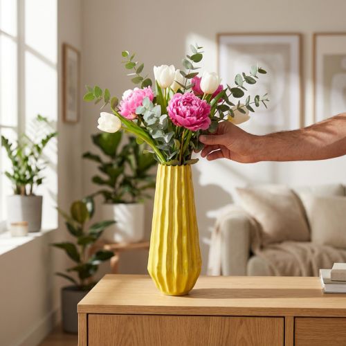 Gelbe Keramikvase mit gerilltem Design 33 cm