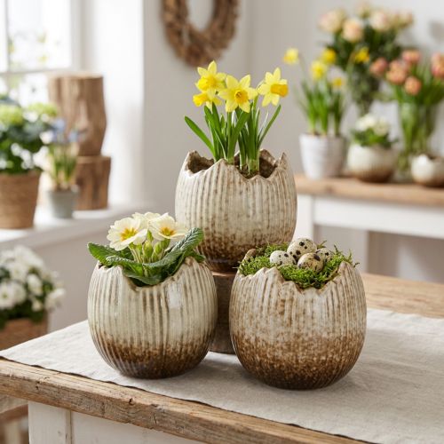 Artikel Pflanztopf Keramik Ei Creme Braun 9,5cm 3er Set Deko Blumentopf