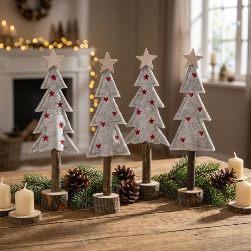 Tannenbaum Deko Filz Beige Rot mit Sternen Herz H21cm Weihnachtsstimmung 4er Set | Floristik21.de