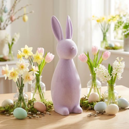 Osterhasen Deko Hase stehend – 2. Wahl – beflockt Flieder Lila H47cm | Floristik21.de
