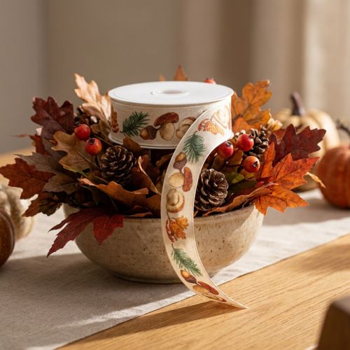 Artikel Dekoband Polyester mit Pilz- und Herbstmotiv 25mm x 18m beige