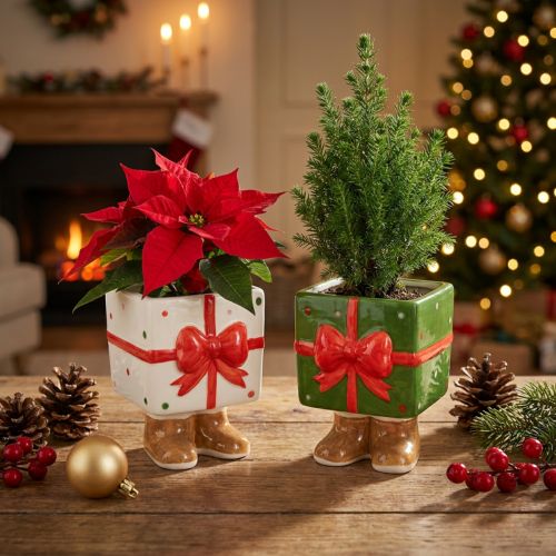 Artikel Keramik Weihnachtsdeko Übertopf Geschenkdesign mit niedlichen Füßen