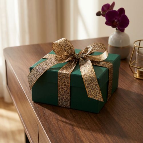 Artikel Geschenkband mit Leopard-Muster 25mm x 20m Braun-Gold Kunstseide Innenbereich