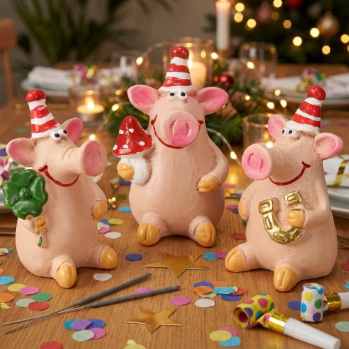 Artikel Handbemalte Glücksschwein-Deko mit Glücksbringern - Set aus 6 Mini-Schweinchen aus Polyresin