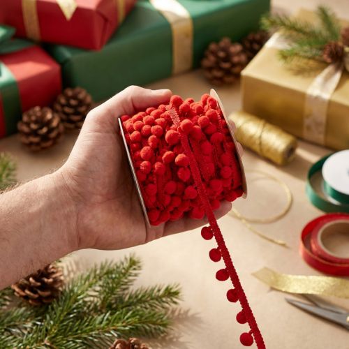 Artikel Dekoband mit Pompoms Rot 20mm 15m - Kreatives Pom-Pom Band für Floristen
