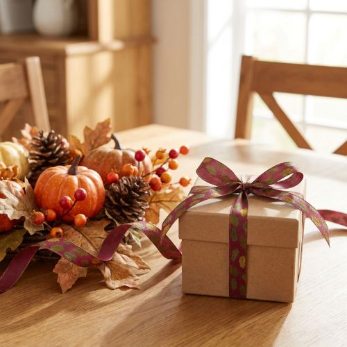 Artikel Geschenkband Herbst Stoffband mit Eichenblättern Bordeaux Grün 15mm 18m