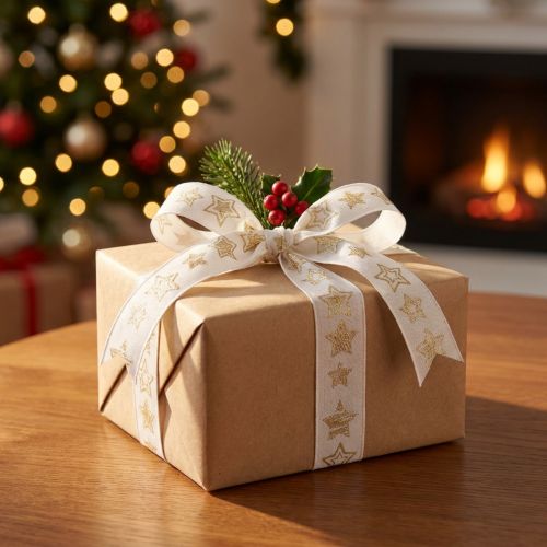Weihnachtsband Sterne Weiß Gold 25mm 18m Geschenkband Deko Floristen | Floristik21.de