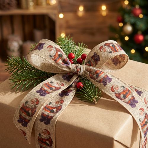 Artikel Rustikales Weihnachtsband 25mm mit Weihnachtsmann-Motiv, 15m, für Geschenkverpackungen – Floristik21