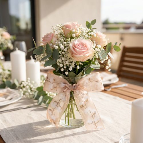 Artikel Organzaband mit Baumwollzweigen Rosa 40mm 15m für Floristik und Hochzeiten