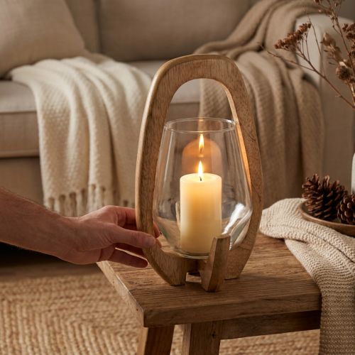 Laterne Holz Glas Windlicht Deko Mangoholz Natur Ø14cm H26cm | Floristik21.de