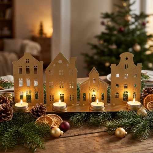 Kerzenständer Weihnachtsbeleuchtung Deko Häuser Gold 52×12cm | Floristik21.de