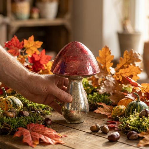 Deko Pilz Rot Groß Glas Herbstdekoration Ø14cm H23cm | Floristik21.de