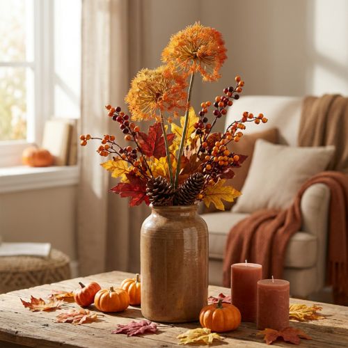 Dekozweig Künstlicher Zweig Herbstdeko 2 Blütenstände Orange 82cm | Floristik21.de