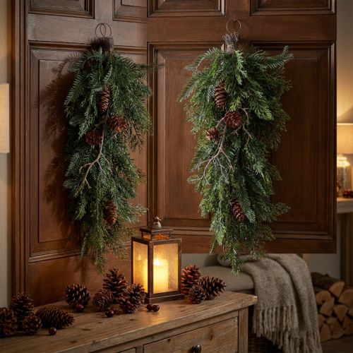 Artikel Künstliche Weihnachtszweige zum Aufhängen, Tannenzweige Deko, Zypressenzweige mit Zapfen, Türkranz, Wanddeko, Fensterdeko, Kunststoff, Langlebig, 60cm