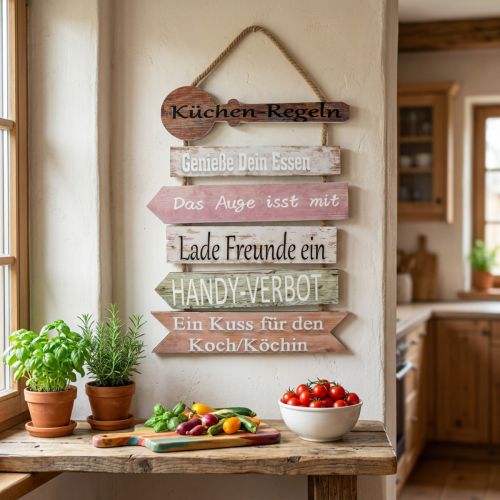 Deko Schild Holz mit humorvollen Küchenregeln