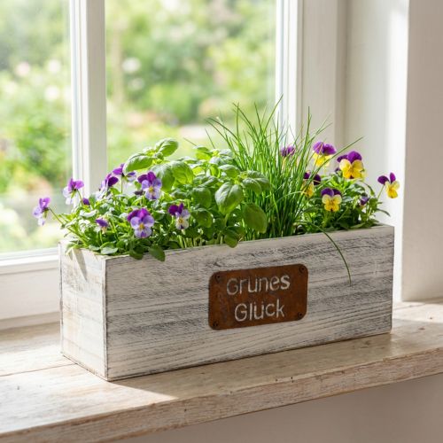 Artikel Pflanzgefäß “Grünes Glück”, Gartendeko, Holzdeko zum Bepflanzen Weiß gewaschen, Edelrost L35cm H12cm