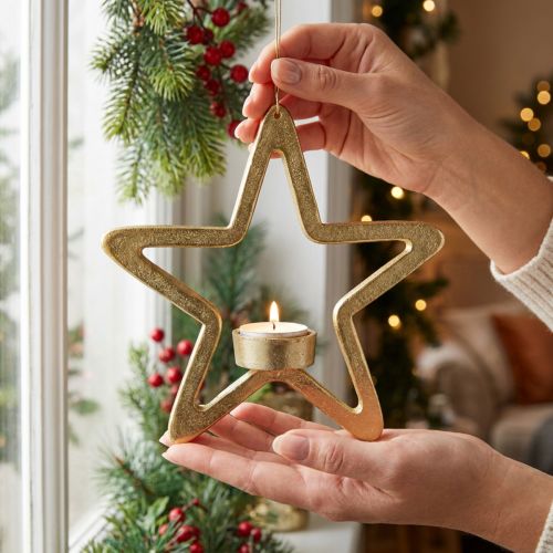 Deko Stern Teelichthalter zum Hängen Metall Golden 20cm | Floristik21.de