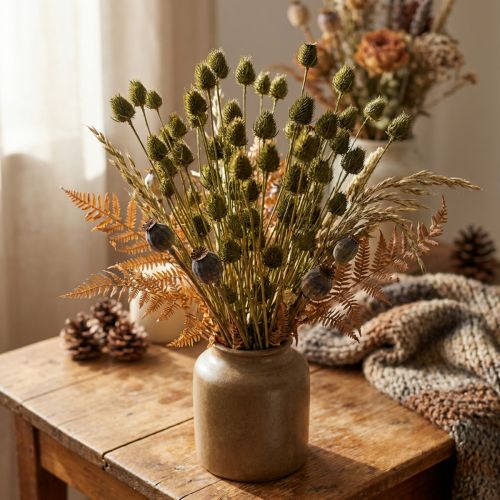 Erdbeerdistel Trockendeko Olivgrün, Natürlich Langhaltend, Ø1-2cm L55cm 100g | Floristik21.de