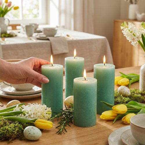 Stumpenkerzen durchgefärbt Hellgrün Jade 70×100mm 4St - Hochwertige Dekokerzen für Tischdeko Ostern Hochzeit | Floristik21.de