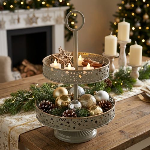 Artikel Deko-Etagere Metall zweistöckig mit Griff Sternmotiv 49 cm Mint/Gold