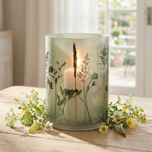 Windlicht Glas Weiß Grün mit Wiesenmotiv H24cm
