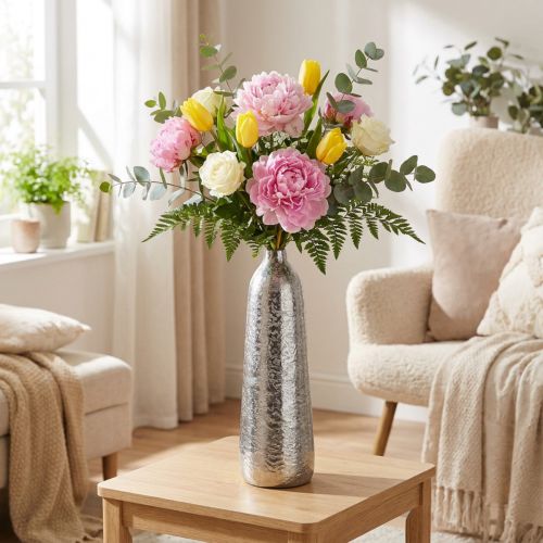 Deko Vase Metall Gehämmert Blumenvase Silber Ø9,5cm H32cm | Floristik21.de