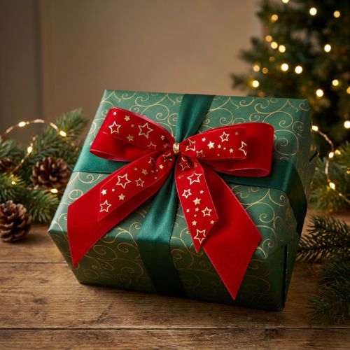 Dekoschleife 4cm breit Rote Weihnachtsschleife mit goldenen Sternen Handgefertigte Schleife 16×15cm 2St | Floristik21.de