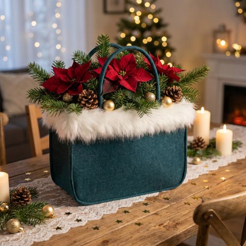 Filztasche mit Fellrand Petrol 38cm x24cm x 20cm | Floristik21.de