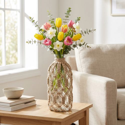 Makramee Flasche Glas Deko Vase Jute Natur Ø10,5cm H26cm | Floristik21.de