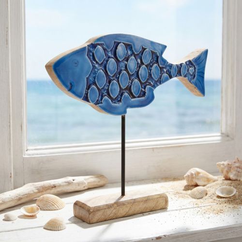 Maritimer Deko Holz Fisch auf Ständer Blau 25cm × 24,5cm | Floristik21.de