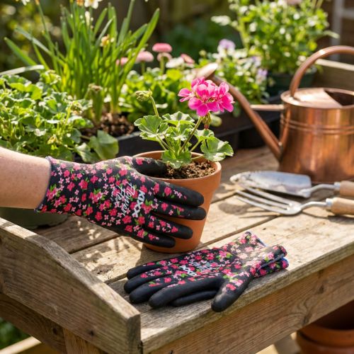 Artikel Kixx Gartenhandschuhe Schwarz Rosa Blüten Größe 8