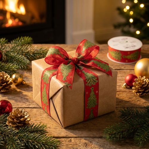 Artikel Stoff-Geschenkband Tannenbaum und Sterne 40mm x 15m Rot-Grün-Gold