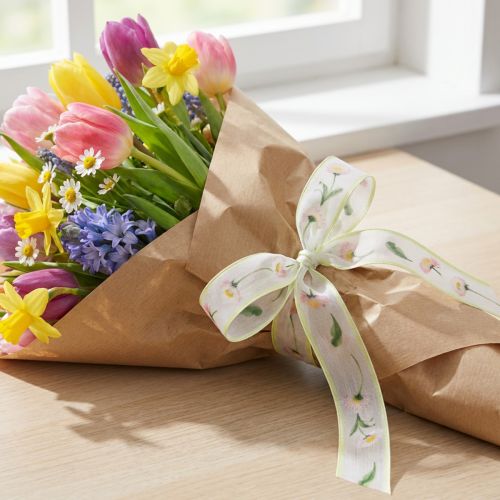 Artikel Geschenkband Bellis Blütenmuster Polyester 25mm x 20m Weiß
