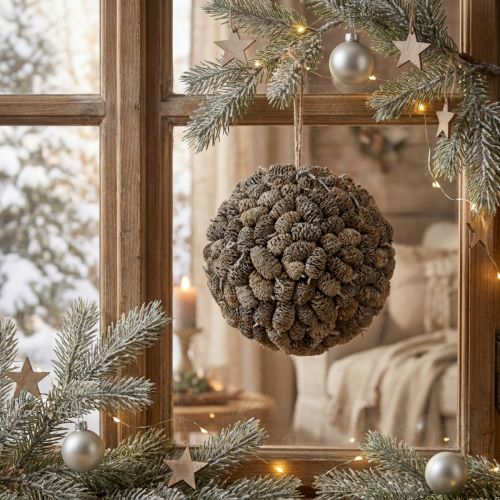 Artikel Hängedeko Erlenzapfen Kugel Weiß gewaschen 20cm mit Jute-Aufhänger