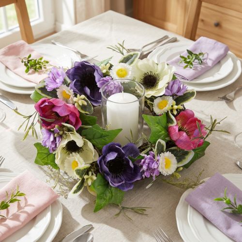Artikel Kunstblumenkranz Anemonen Margeriten Lila Weiß Ø25cm Dekoration
